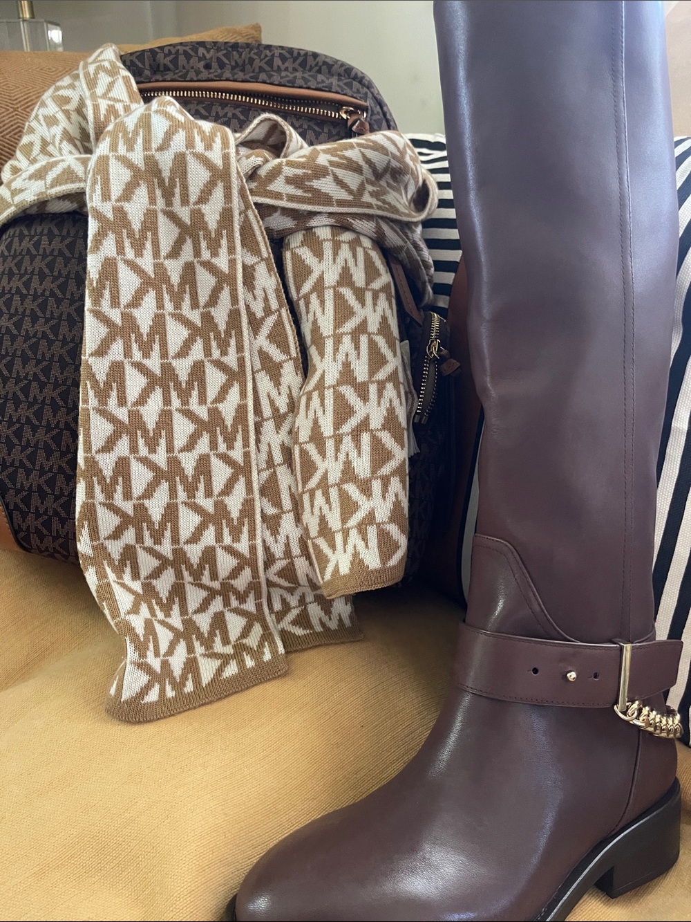 🍎Michael Kors Brown Signature Mk Backpack /MK Scarf paired with Aqua Boot. NWT